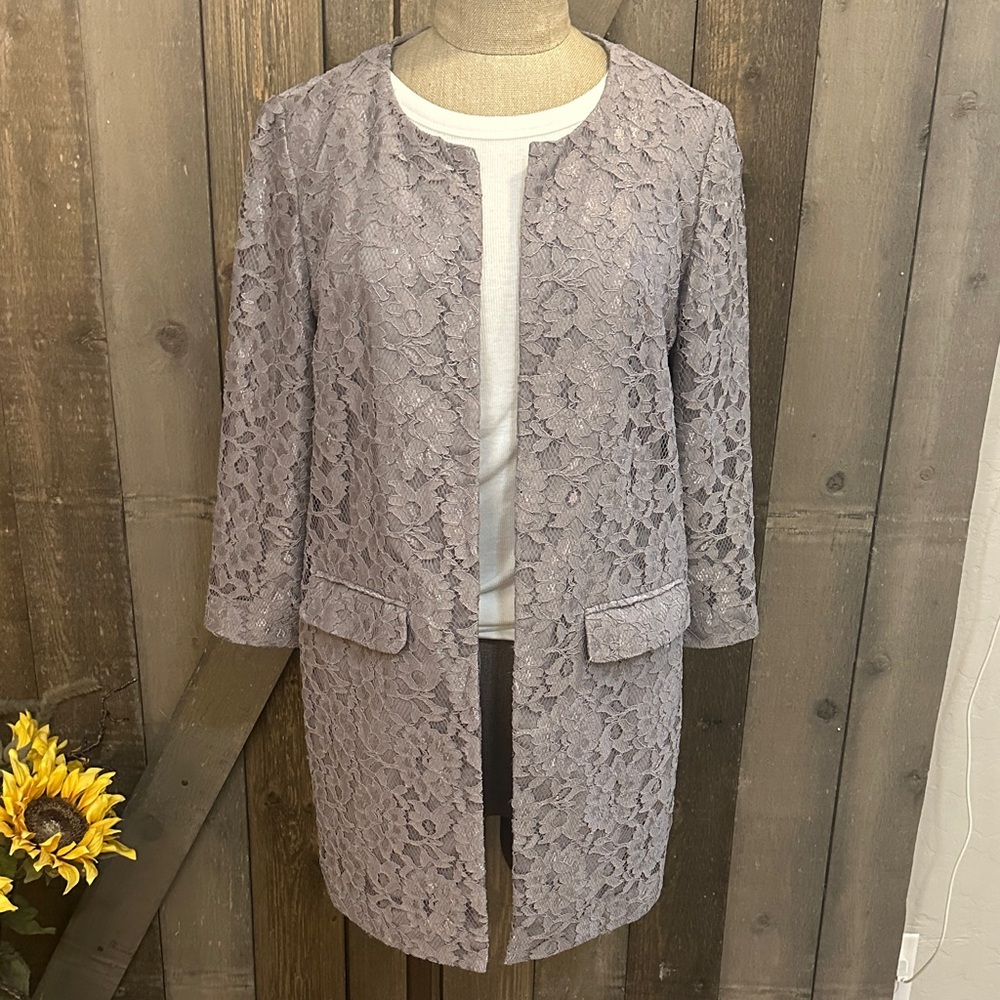 Chico’s Gray Lace Longline Lace Jacket Holiday Party  Glam Layering Small